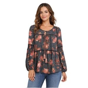 KNOX ROSE Floral Boho Peasant Blouse size Medium, crochet detail 🌸🍂